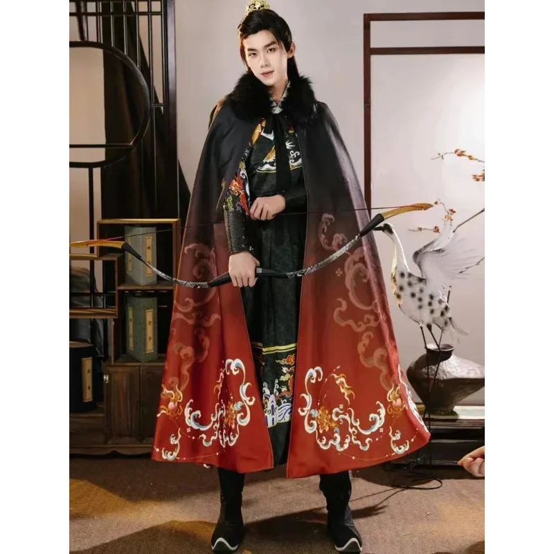 Cy2025 Winter Machtige Qilin Hanfu Mantel Traditionele Chinese Mannen Vrouwen Buitenste Gewaad Vintage Mode Grote Bontkraag Overjas Sjaal