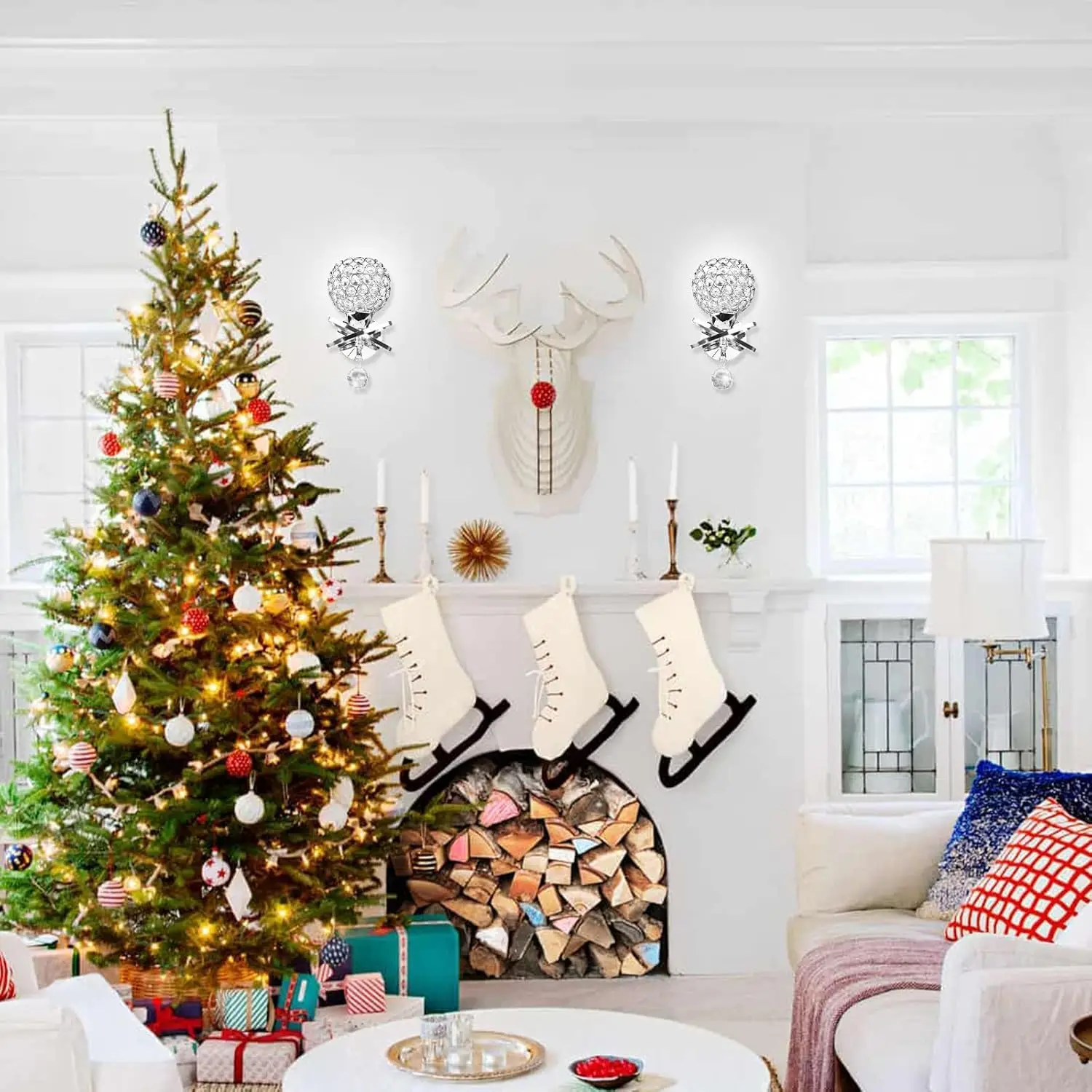 두 개의 크리스탈 벽 조명 세트, 침실, 거실, 복도용 현대적인 실버 벽 조명, 크리스탈 볼 장식