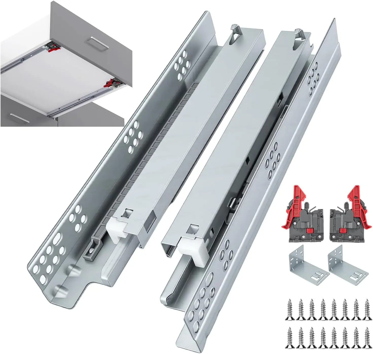 21 Inch Undermount Soft Close Drawer Slides Full Extension Concealed Bottom Mount Rails Locking Devices & Rear Mount Brackets Heavy Duty Steel 100LB Capacity Cabinet Hardware, 6 Pairs