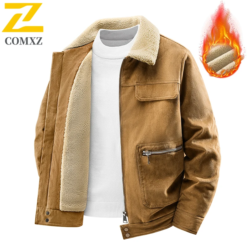 

Comxz 2026 Winter Warm Jacket Men Fashion Retro Thick Fleece Lined Thermal Parka Coat Man Hunting Hiking Windproof Suede Jackets