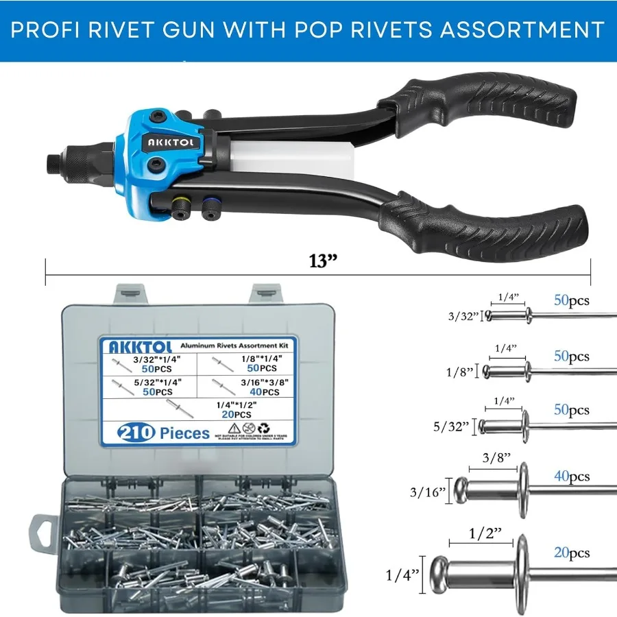 Heavy Duty 1 4 Pop Rivet Gun Kit with 210pcs Blind Rivets and 5 Nosepieces Including 3 16 1 8 for Metal Repair Gutter Installat