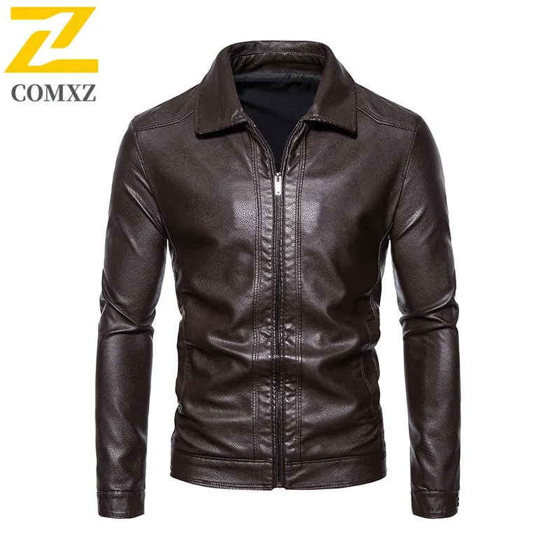 

Новая мужская кожаная куртка COMXZ, высококачественная американская уличная куртка с воротником-стойкой, удобное мотоциклетное дорожное осеннее пальто