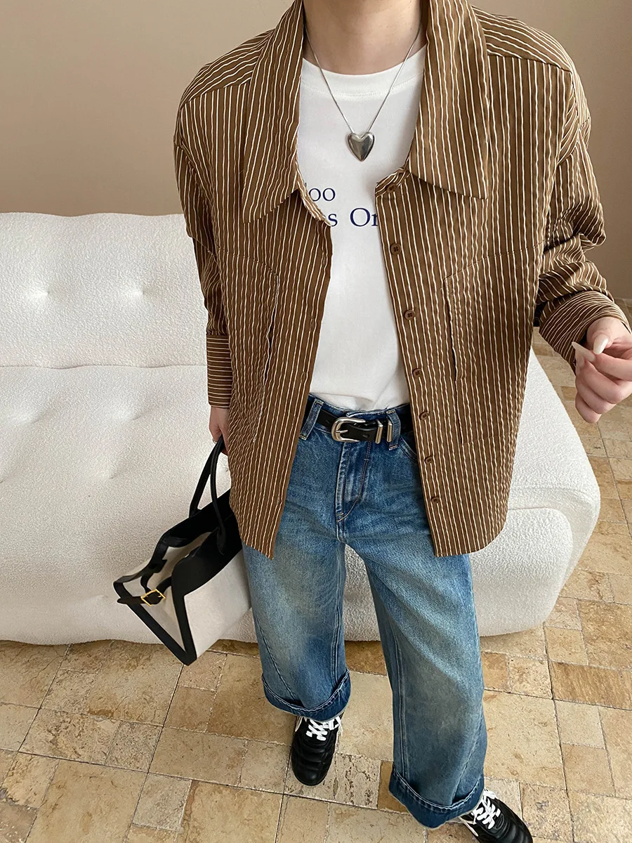 Camisa francesa preguiçosa retrô contrastante listrada lapela solta manga comprida