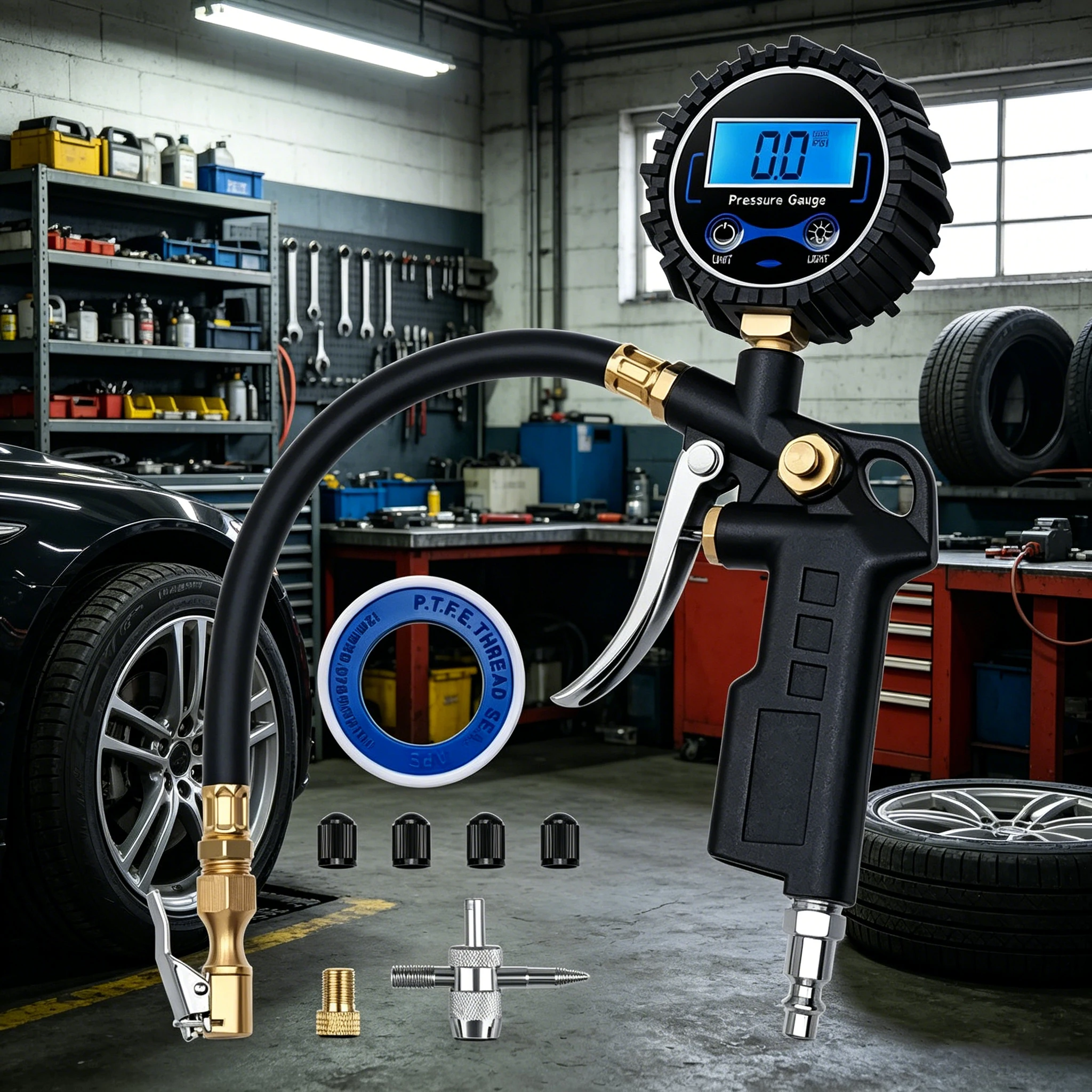 

Inflation Monitoring Manometer Aluminum Alloy Air Line Clip-on Tyre Pump Tire Pressure Inflator Gauge LCD Digital Monitoring