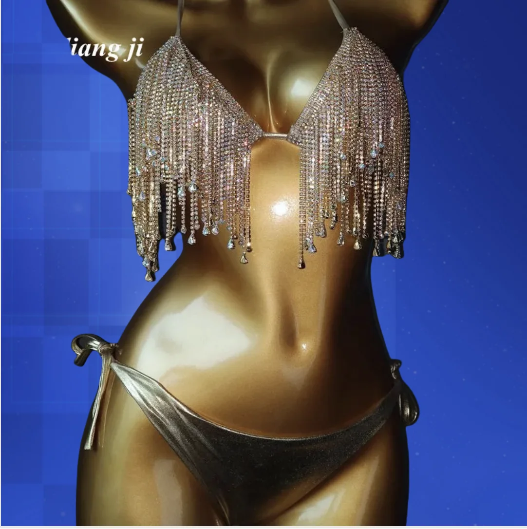 Body Chain Bikini Crystal Tassels Chest Chain Three Point Thong Beach Outfit Fringe Skirt Waist Chain Abdominal Chain Swimsuit