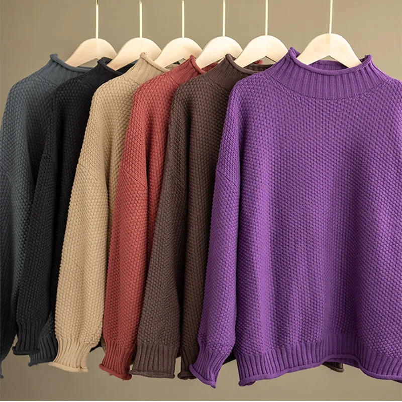 NINI WONDERLAND Autumn Winter Cotton Knitted Casual Pullover Sweater Women Solid Turtleneck Long Sleeve Loose Sweaters Tops