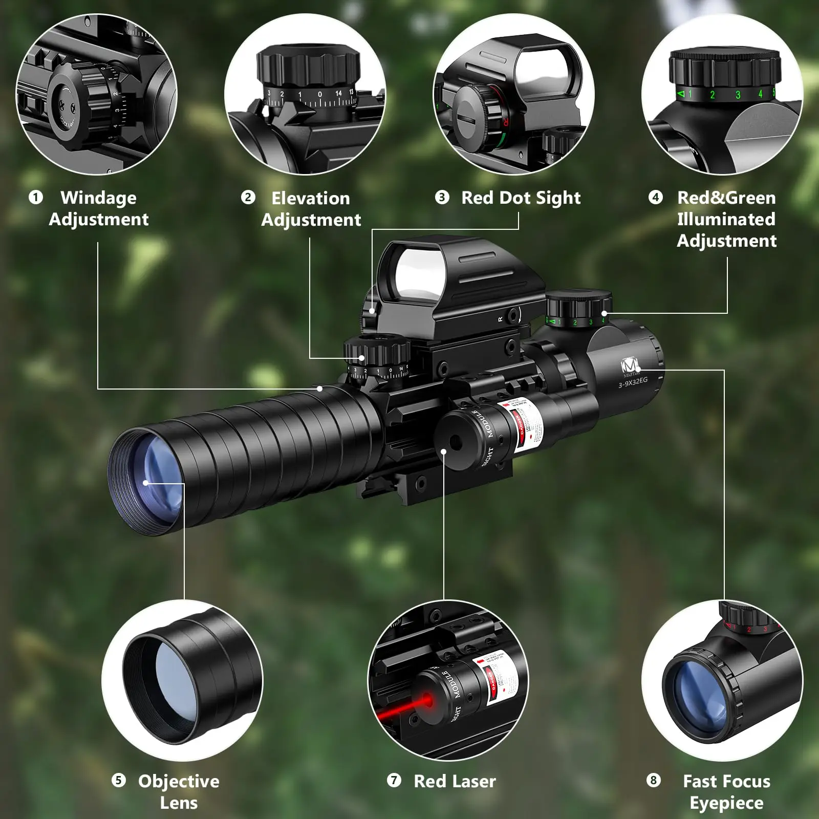 

3-9x32 Rifle Scope Reflex Sight Combo with Dual Illuminated Riflescope Optics Red/Green Dot Laser Sight fit Picatinny