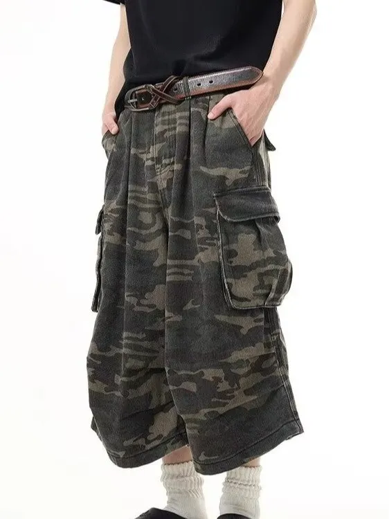 Celana Jeans Kerja Retro Kamuflase Amerika, Model Longgar Lurus Lebar, Multi-ket Kasual untuk Pria dan Wanita