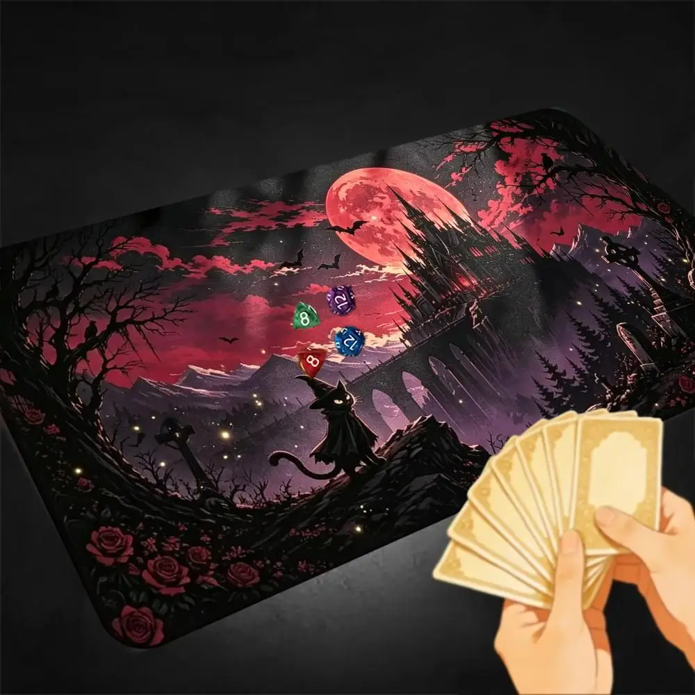 Red Blood Moon Gothic Castle Witch Black Cat TCG Playmat Halloween Dark Fantasy Premium Rubber Large Gaming Desk Mat Spooky