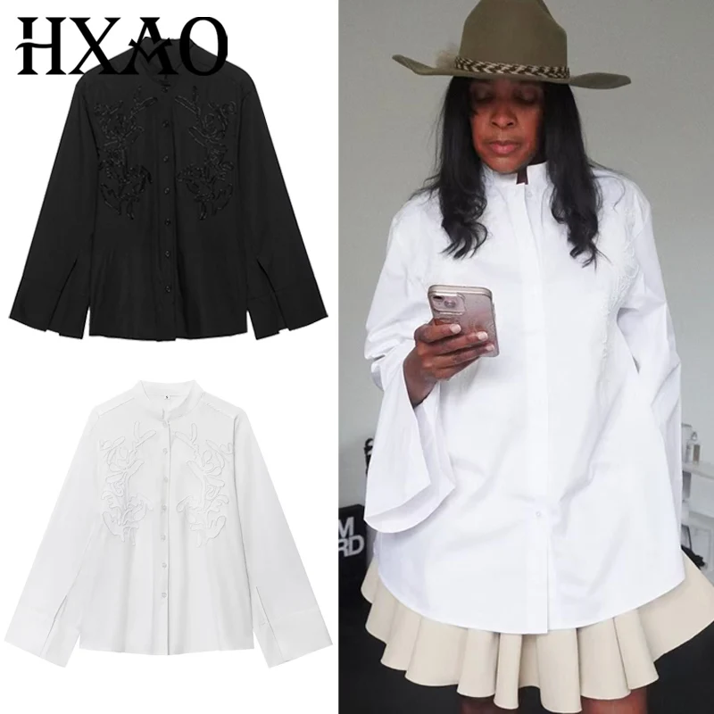 HXAO Woman 2025 Oversized Embroidered Shirt Spring Summer White Black Shirts & Blouses Large Size Long Sleeve Shirts Chic Blouse