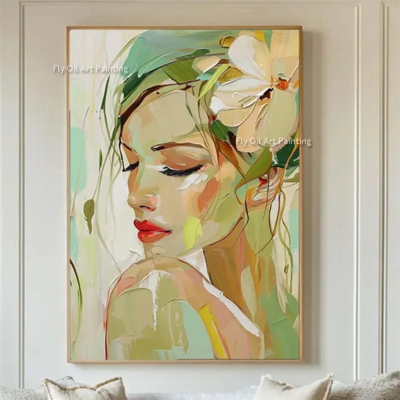 Large Handpainted White Blue Knife Thick Girl Canvas Oil Painting Beautiful Green Beige Women Wall Art Decor For Bedroom