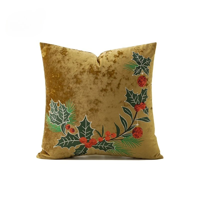 

Holly Wreath Snowflake Velvet Embroidered Cushion Cover Christmas Tree Decorative Embroidered Pillowcase Sofa Pillow Cover