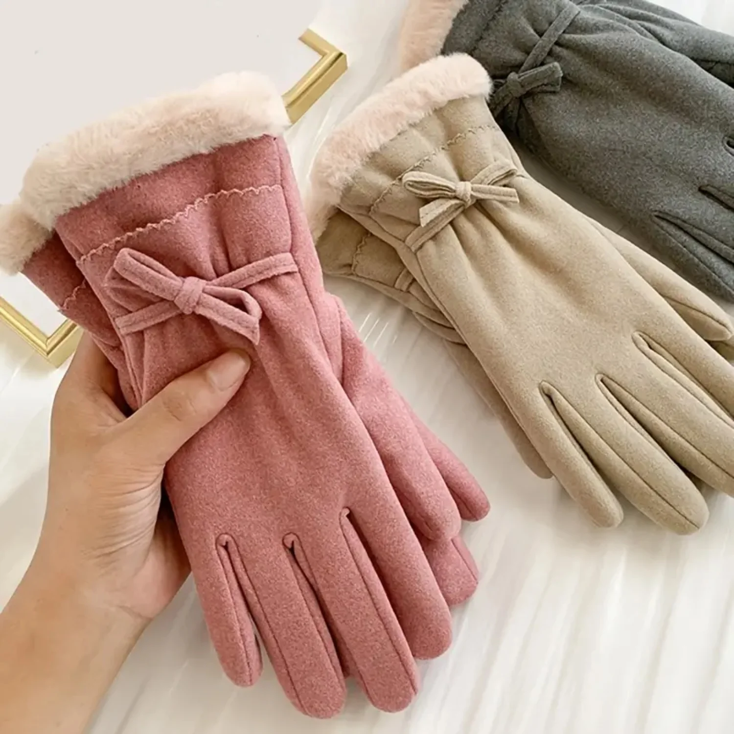 Stylish Ladies Fashion Bow Gloves for Women - Warm Fleece Mittens for Outdoor Activities - Ideal for Riding and Driving in Cold 