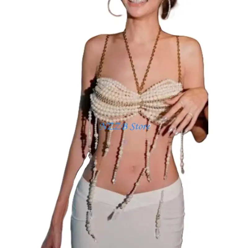 

T21F Women's Pearls Body Chain Harness Layered Chest Chains Body Accessories Jewelry