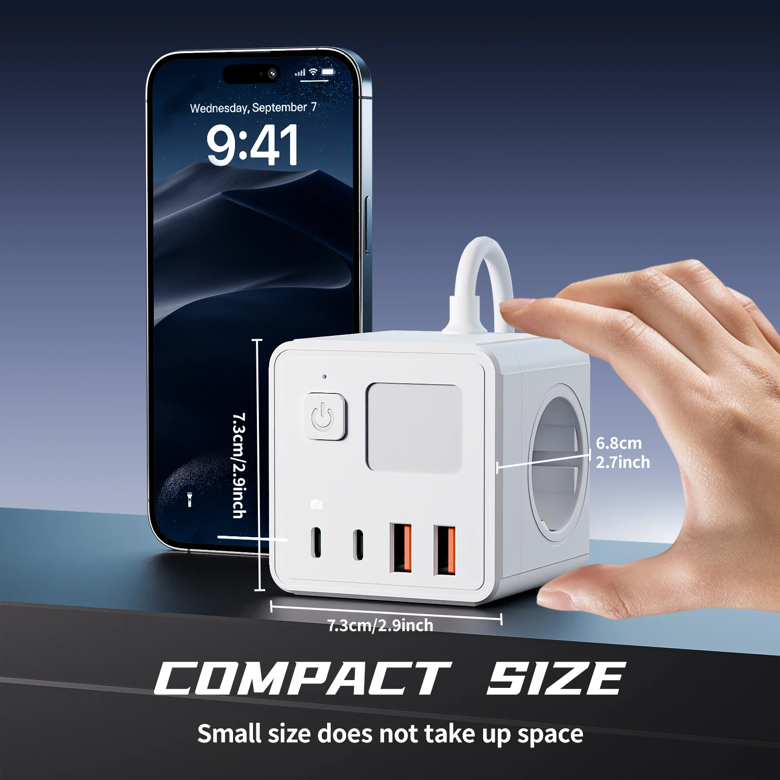 1 مقبس طاقة 8 في 1 من الاتحاد الأوروبي، مع لوحة طاقة سلك تمديد 1.5 متر، 3 مقابس تيار متردد و2 USB و2 Type-C وإضاءة ليلية صغيرة قابلة للتعتيم