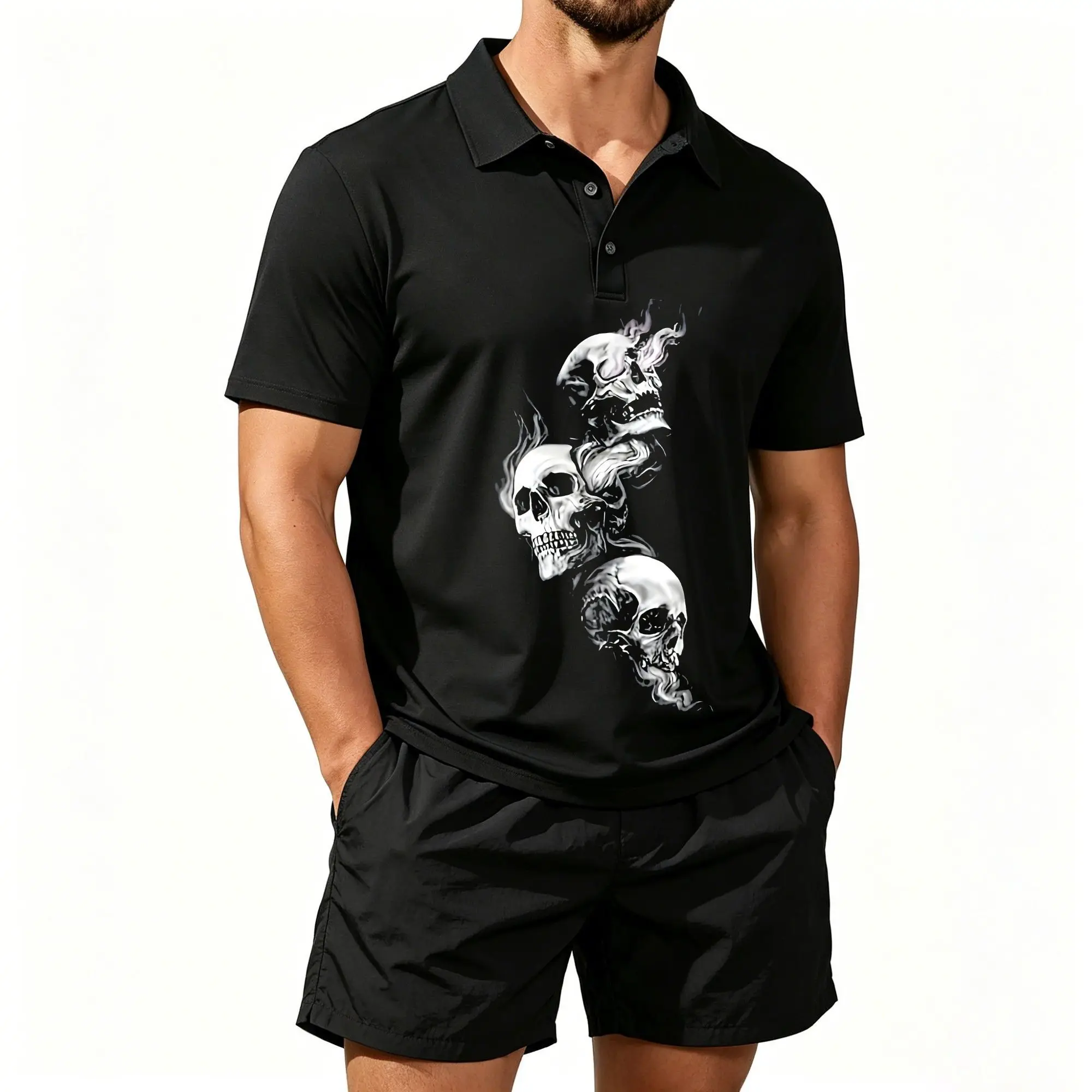 Conjunto de Dos Piezas de Shorts de Playa Tipo Polo para Hombre con Estampado de Calavera, Diseño de Esqueleto Oscuro, Casual y Cómodo, Corte Ajustado
