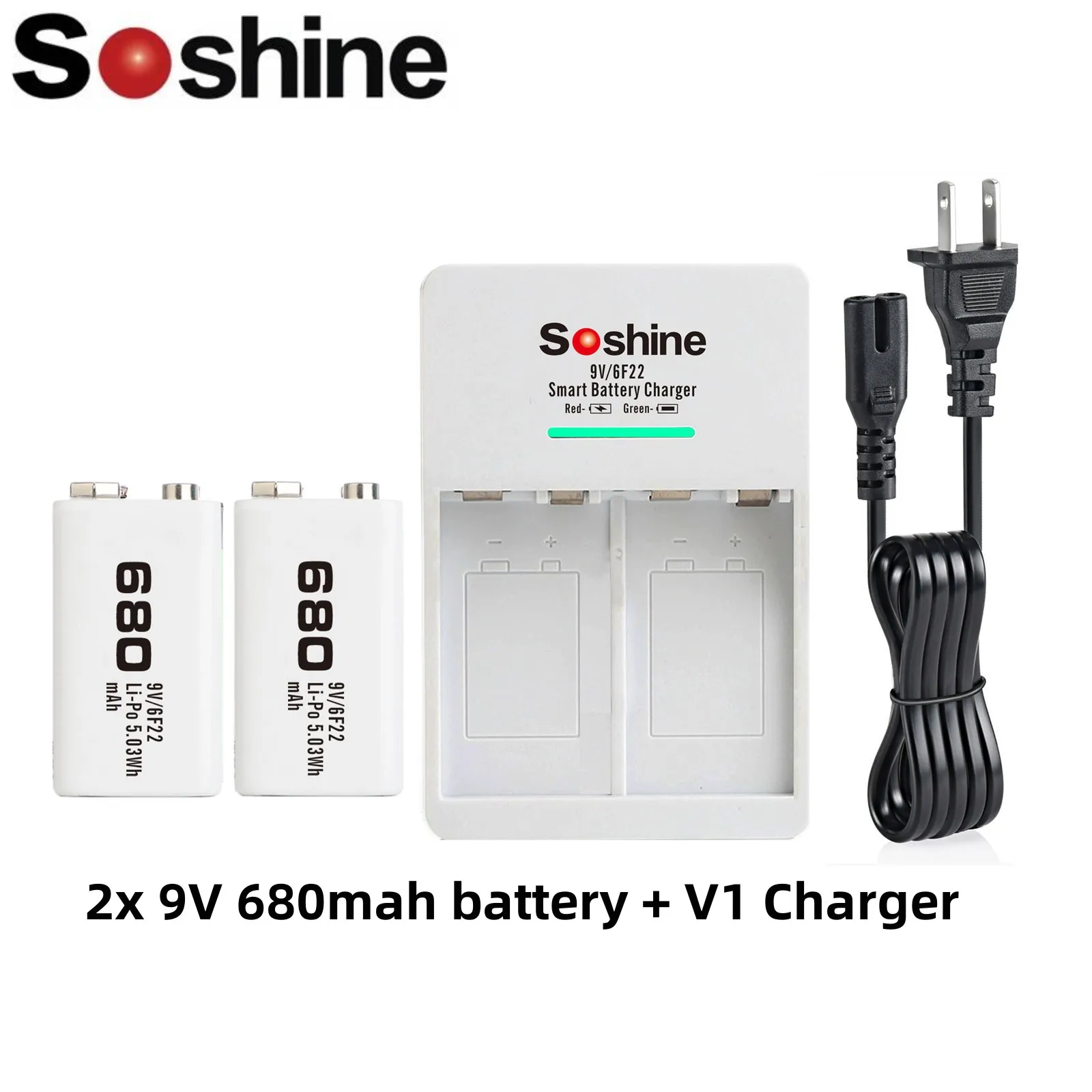 2 шт., перезаряжаемые батареи Soshine 680 мАч, 9 В, 6F2, 2 + умная интеллектуальная литий-ионная батарея Ni-MH V1, зарядное устройство со светодиодным индикатором в коробке