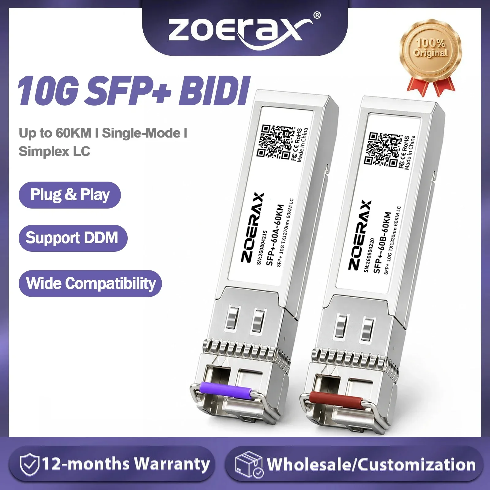 ZoeRax 10G BIDI Single-Mode Simplex LC 1270/1330nm SFP+ Module Plug & Play Support DDM Wide Compatibility for Cisco MikroTik