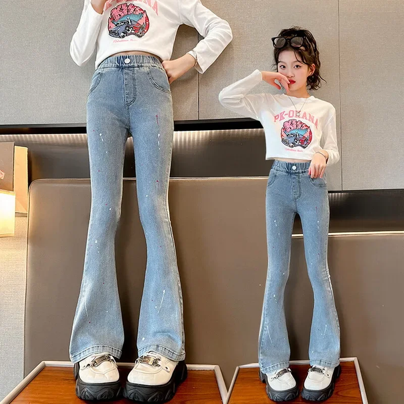 

New Spring Autumn Teens Girl Clothes Denim Jeans Fashion Graffiti Harajuku Tight flared Pant Child High Elastic Waist 4-15 years