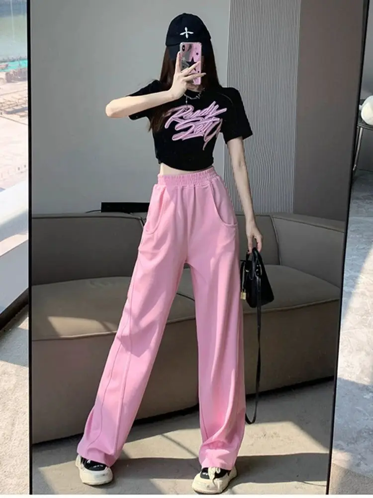 

Streetwear Style Women's Set Graphic Tee and Pink Wide Leg Pants Comfortable Casual Outfit Fashion Forward Trendy Two Piece