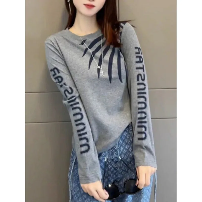 Chic Printed Right Shoulder Round Neck Long Sleeve T-shirt Women's Autumn and Winter New Versatile Bottoming Shirt Top
