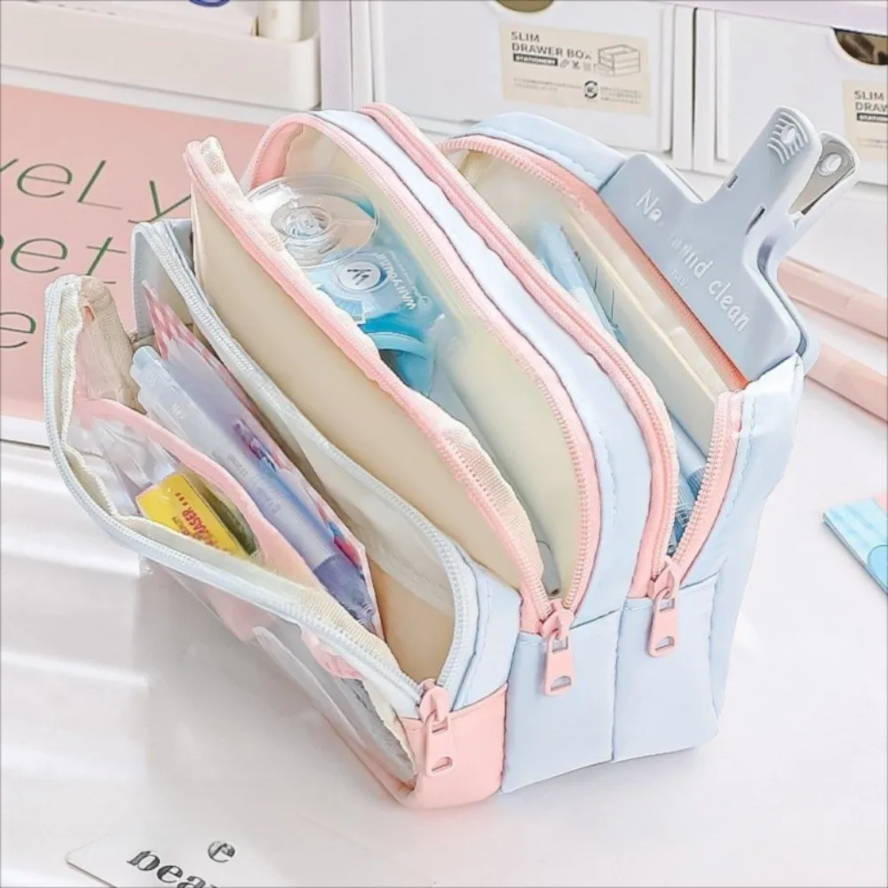 New Color-Block Pen Bag Transparent Pocket Multi-Compartment Pencil Case Large Capacity with Zipper Multi-layer Pen Pouch School