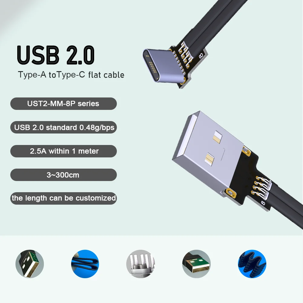 5A タイプ A USB 2.0 からタイプ C 延長リボンケーブル折り 90 スリムフラットソフト柔軟な充電 FPV ブラシレスハンドヘルドジンバルモニター