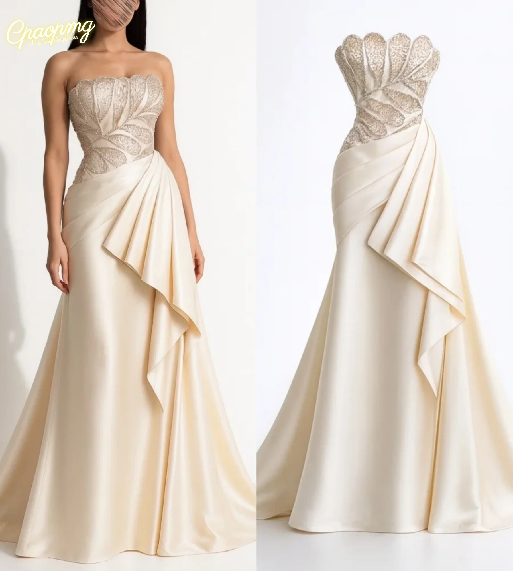 Customized High Quality Intricate Matching Pleat Ruched Draped Mermaid Sequined Mermaid Strapless Long Dresses Evening Dresses