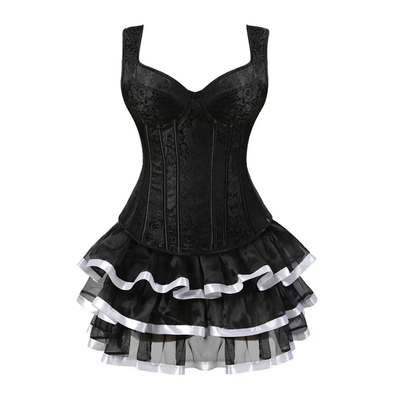 Mulheres sexy jacquard steampunk espartilhos vestido retro colete zíper lateral gótico overbust espartilho com mini saia tutu