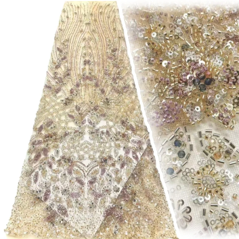 Tela de encaje de tul con cuentas africanas marrones, tela de encaje de lentejuelas nigerianas de alta calidad, Ideal para vestidos de fiesta y vestidos de boda 2036