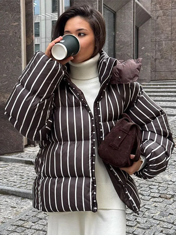 

Striped Hooded Cotton Jacket Women Fashion Stand Collar Full Sleeve Zipper Pocket Warm Jackets Lady Winter Daily Street Coats