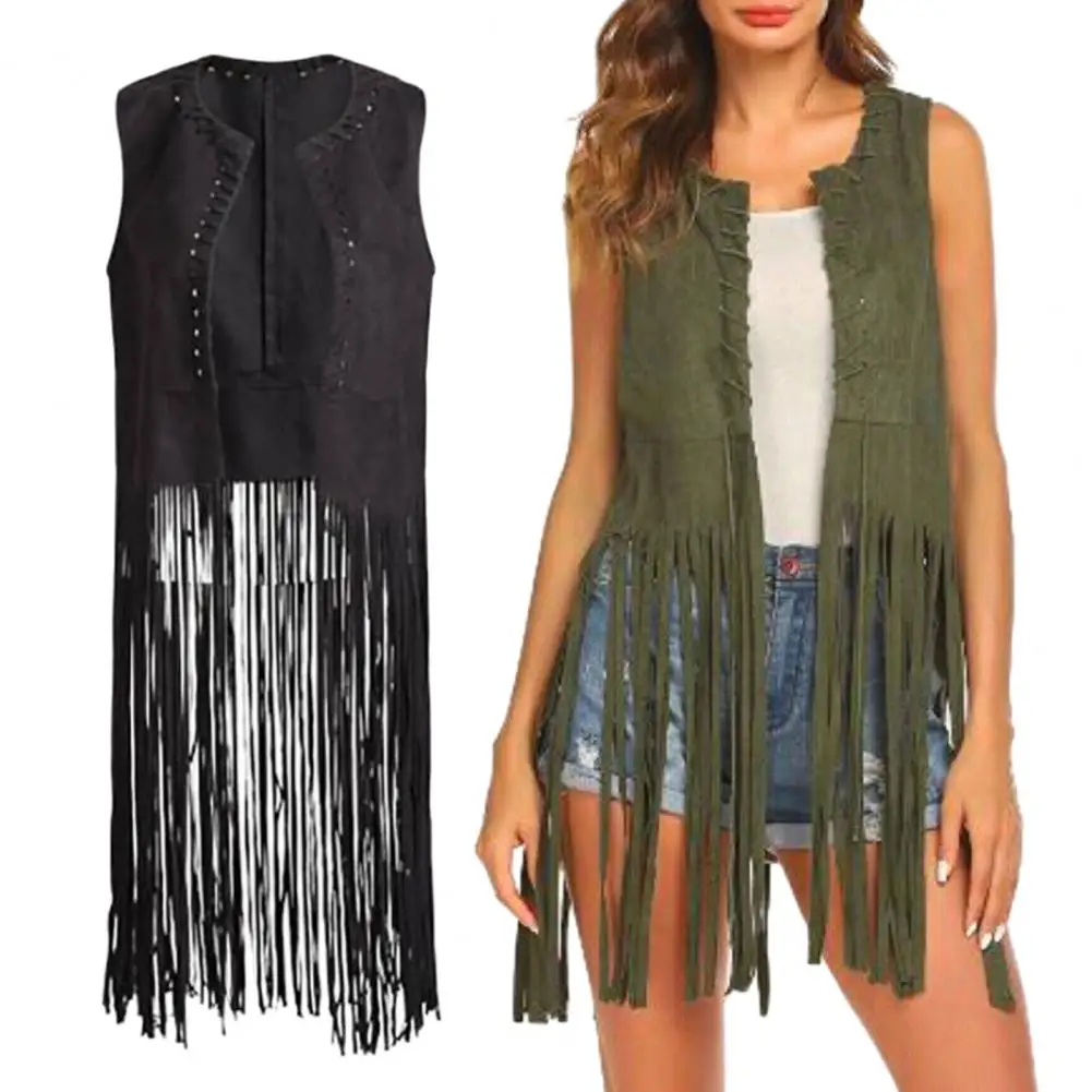 Dance Party Women Vest Women Long Tassels Suede Vest Vintage Fringed Suede Vest Women's Open Front Hollow Hole Waistcoat Chic