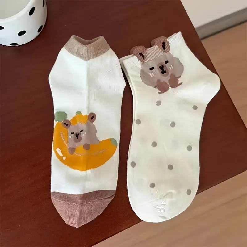 5 أزواج من الجوارب النسائية على شكل دب كرتوني على شكل حيوانات، تصميم مخطط ناعم منقط، قابل للتنفس وقابل للغسل في الغسالة للارتداء اليومي #5