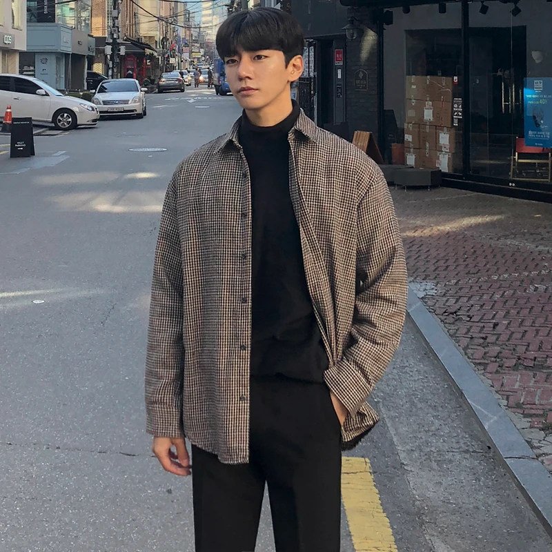 

MRCYC Men's Autumn Long Sleeve Plaid Shirt Casual Retro Trendy Youth Outerwear Cotton Polyester Blend Square Collar