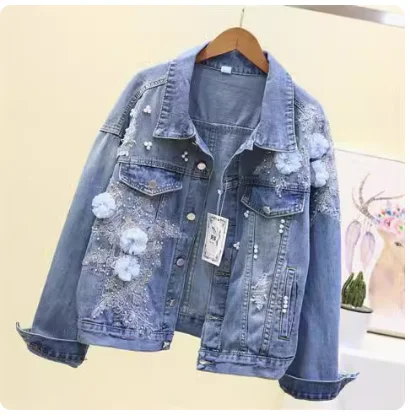 Flower Denim Jacket for Women 2024 Spring New European Heavy Embroidery Hot Drilling Loose All-Match Sequins Jeans Coat