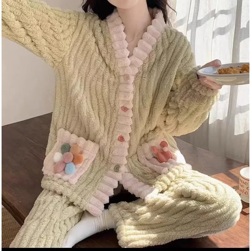 EVNISI-Conjunto de cárdigan holgado y pantalones de cintura elástica para mujer, pijama de terciopelo con flores 3D, traje de lana cálido para otoño e invierno, 2 piezas