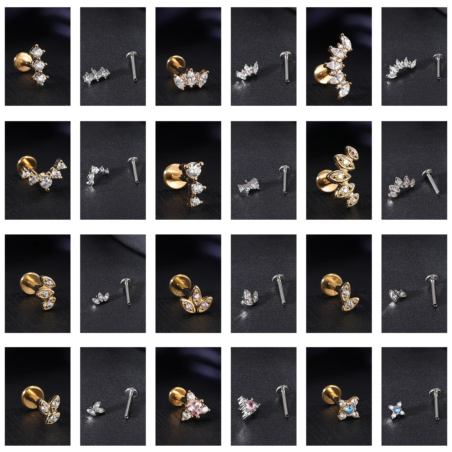 ZS 1PC Gold Color Stainless Steel Lip Stud Internal Thread Zircon Labret Piercing Cartilage Earring Helix Tragus Piercing 16G