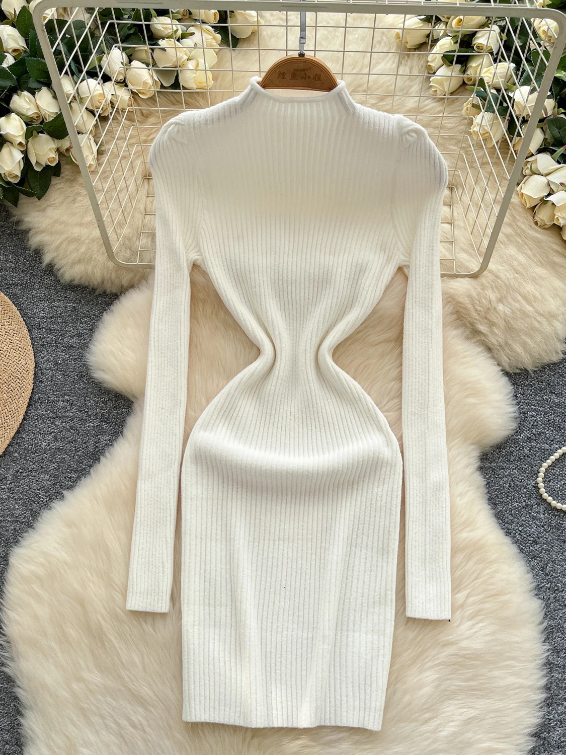 ハイネックバブルスウェット、スリムフィットボディコンスカート、ハイウエストポリエステル繊維通勤服