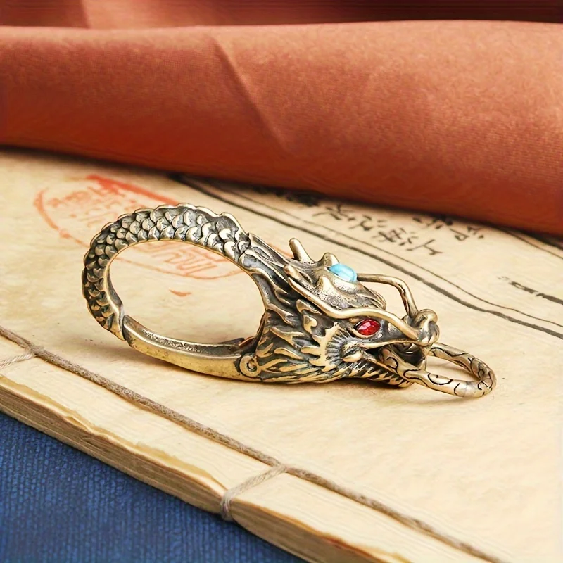 Elegant Brass Dragon Head Keychain with Turquoise Inlay - Stylish Metal Waist Hanging for Men