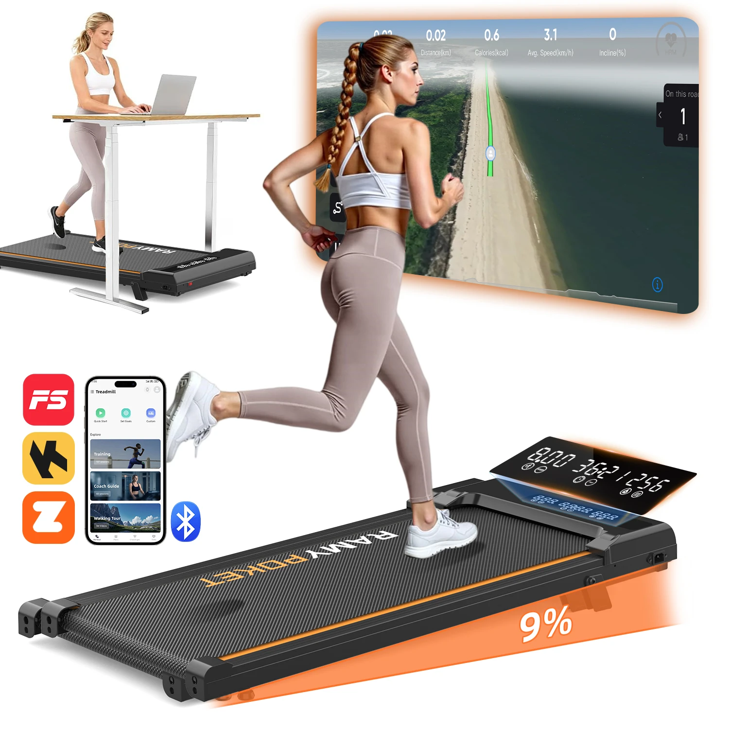 RAMYPOKET Tapis de Course Inclinable 9% APP incliné 2.5HP vitesse du moteur 1-8 km/h Mini tapis roulant Installation gratuite tapis de marche à faible bruit pour la maison