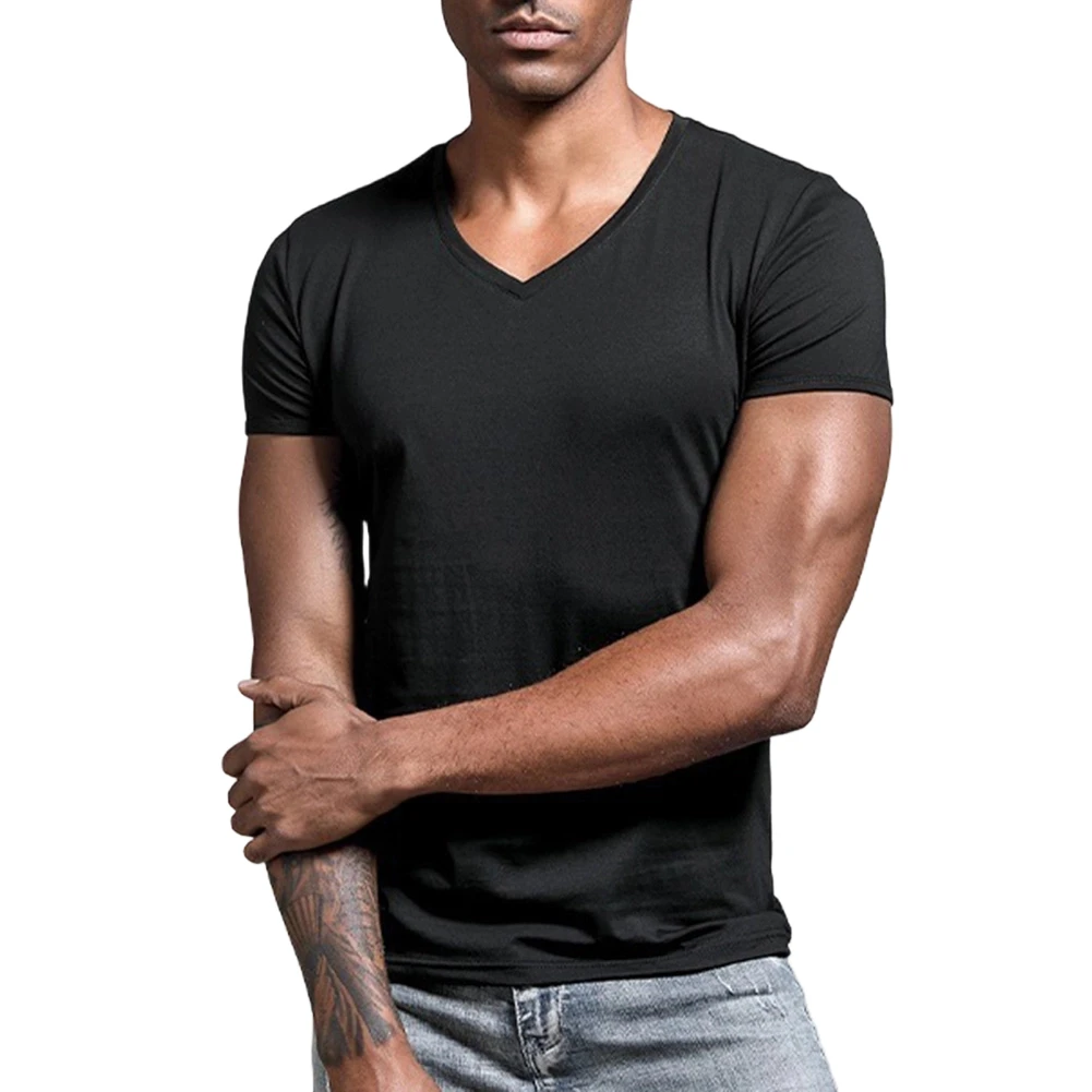 Men Solid Color V Neck Tight T Shirt Short Sleeve Base Layer Top Summer Casual Plus Size Clothing For Daily Wear