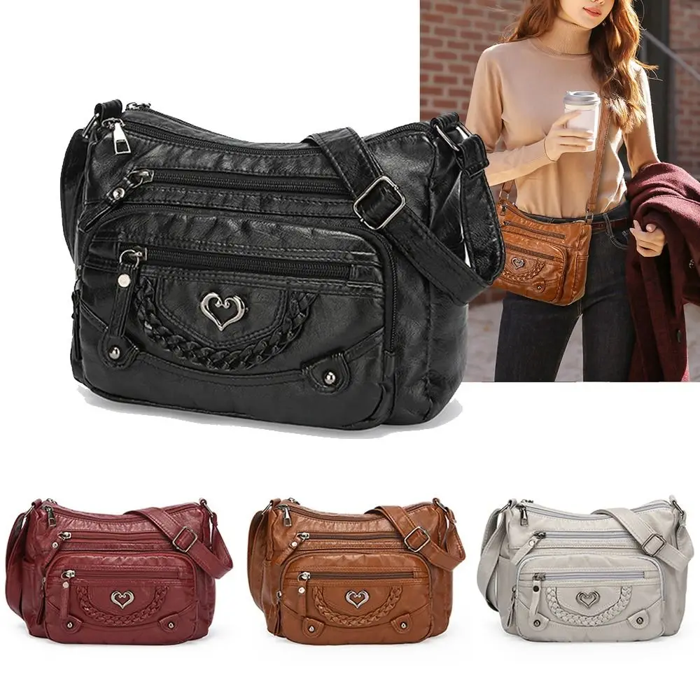Fashion Soft Leather Crossbody Bags Solid Color Heart Decoration Women Messenger Bag Multi-Pocket Ladies Shoulder Bags Mom