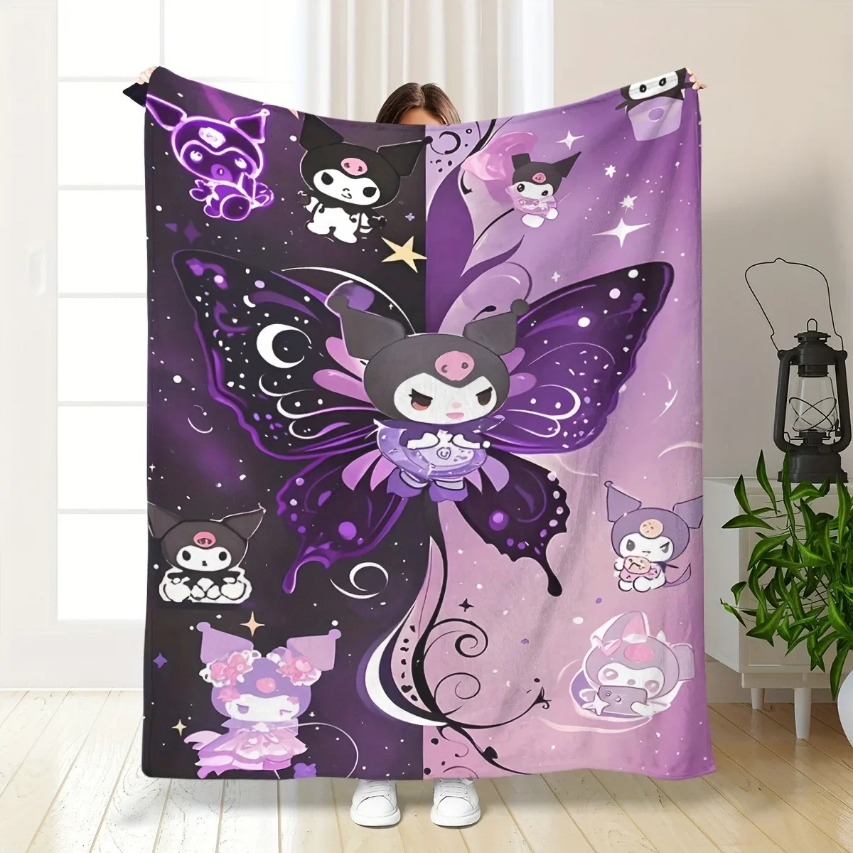 pc Cute Kuromi and Butterfly Cartoon Blanket for Office Lunch Break Living Room Bedroom Camping Travel  Multipurpose Throw