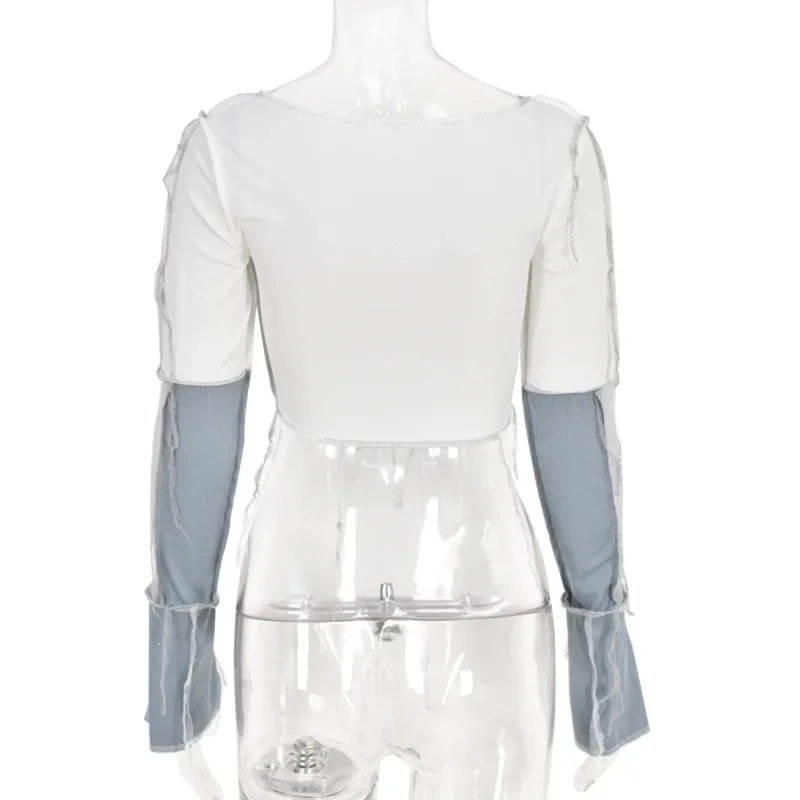 2024 Fashion Reverse Trim Color Block Cropped Top Long Sleeve Lace Up Mesh Patchwork Hollow Out Square Neck t-Shirt for Ladies