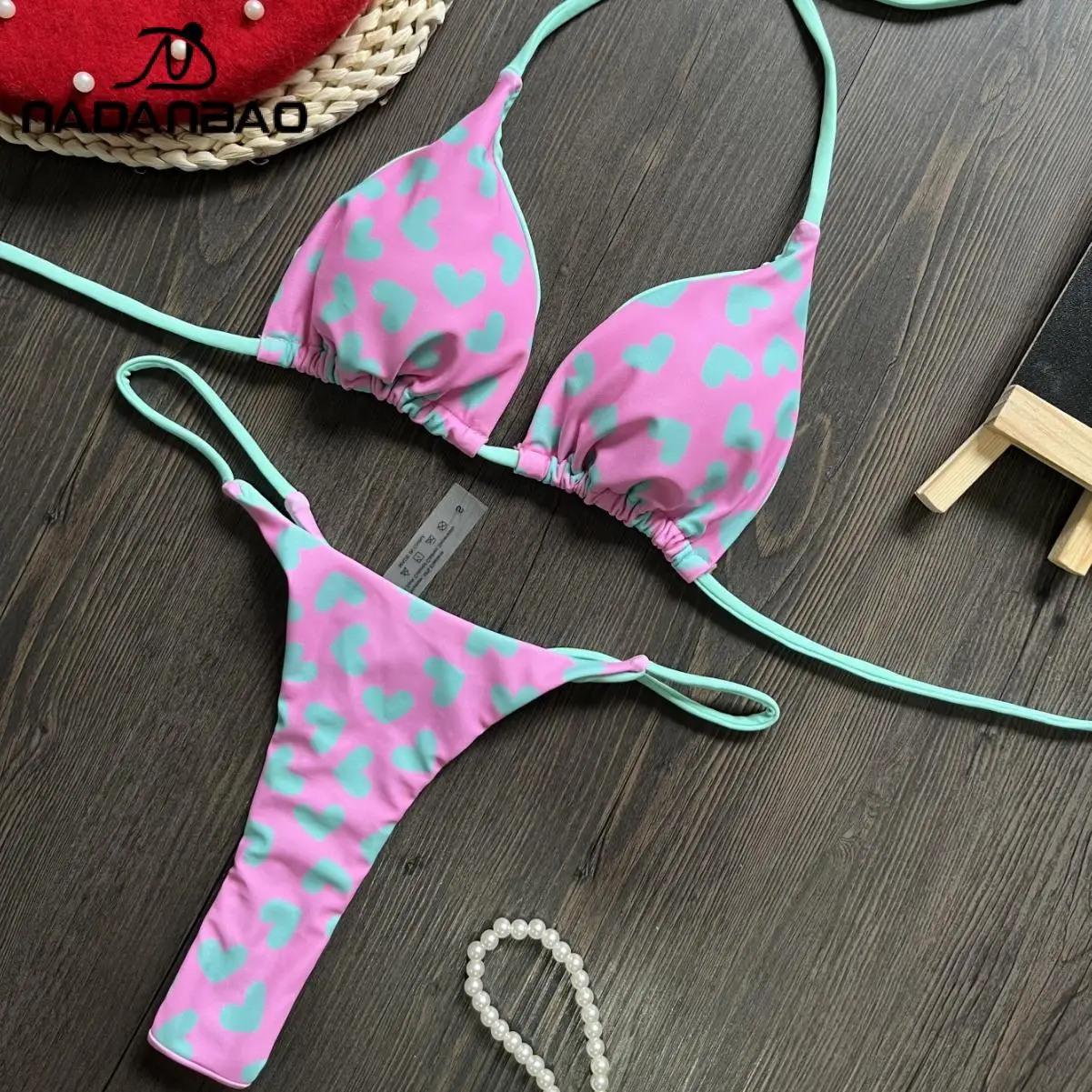 Nadanbao-Conjunto de Bikini con estampado de corazón para mujer, traje de baño Sexy con espalda descubierta para fiesta en la playa, traje de baño plisado de dos piezas con cuello Halter