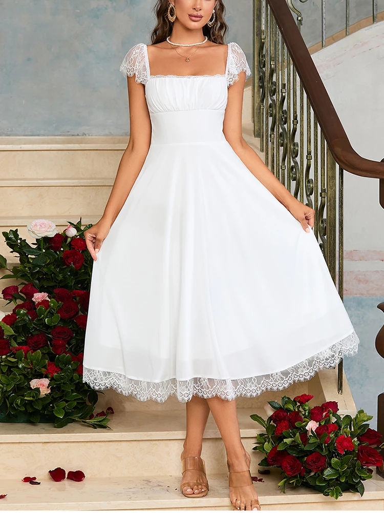 Newasia Spitze quadratischen Hals Chiffon Midi Kleid rücken frei binden A-Linie Mode lässig Strand lange Kleider Neuankömmling weiß – Detail 5