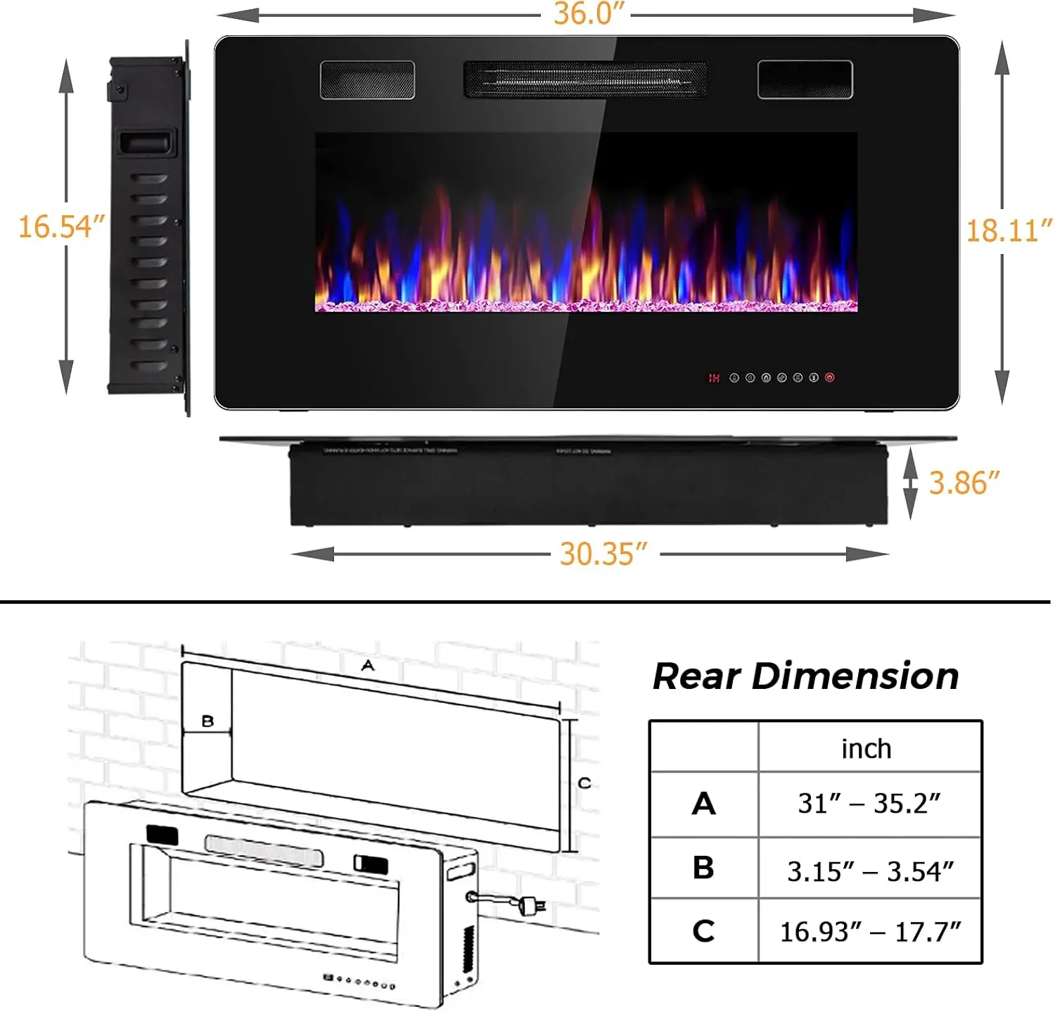 Chimenea eléctrica, chimenea empotrable y montada en la pared de 750W/1500W con control remoto, 12 colores de llama