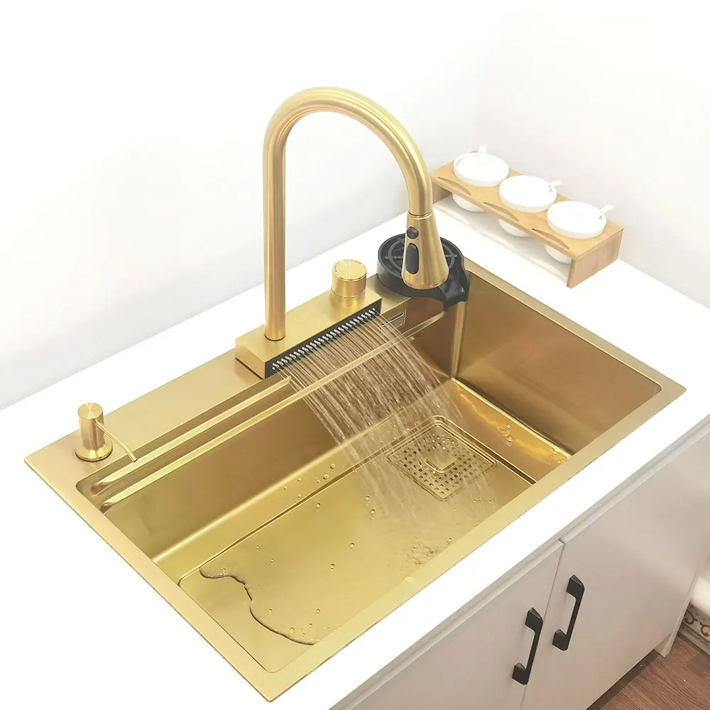 Imagem -03 - Faucet Anti-risco para Cozinha Torneira de Cachoeira de Ouro Lavatório de Tigela Única Aço Inoxidável Pia de Cozinha Funções Dourado Nano