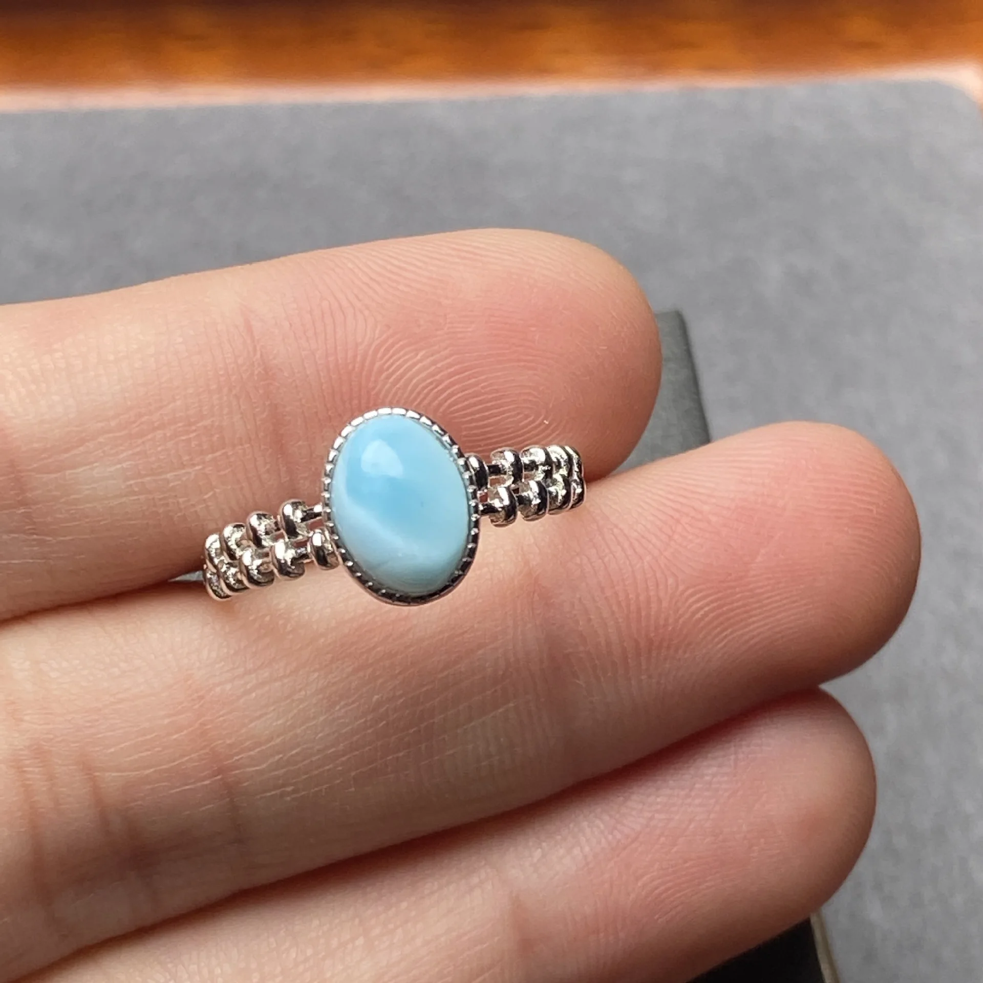 HUAYI Designs Luxury flower Natural oval Larimar ring Adjustable 925 Sterling silver rhodium