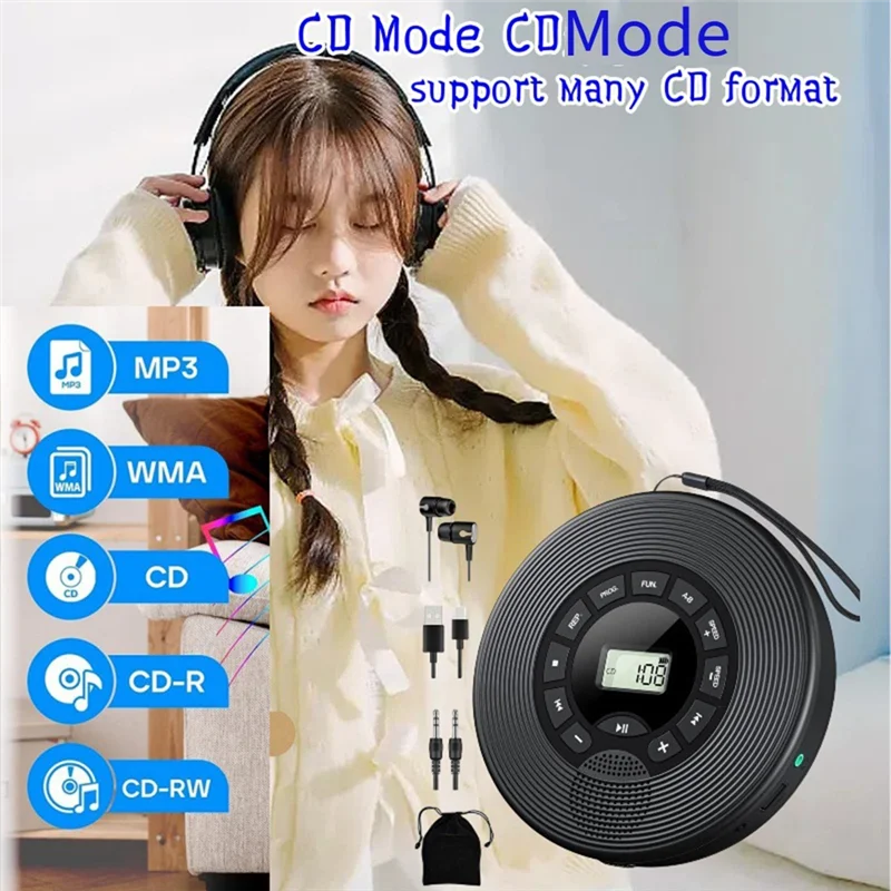 -A89Z противоскользящий портативный Bluetooth CD-плеер 1500 мАч с FM-передатчиком, наушники AUX USB для автомобиля Discman